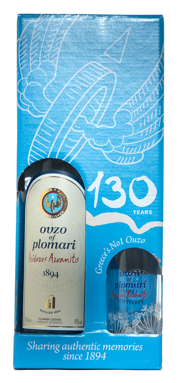 OUZO PLOMARI 0,70L/40° coffret avec verre